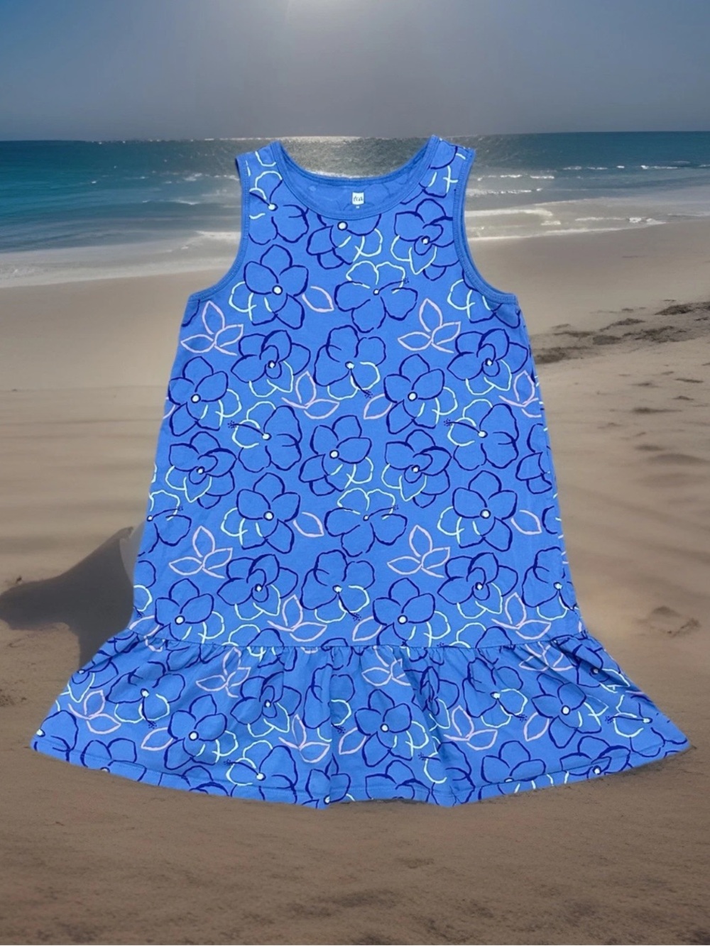 EUC Tea Collection Girls 14 Hibiscus Floral Blue Ruffle Hem Tank Dress Cotton